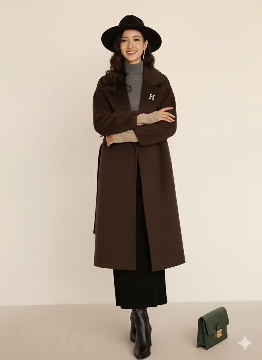 Kadın Siyah Kaşe Uzun Kaban Maksi Boy Palto Geniş Yakalı Düz ​​Kesim Kışlık  - Kahverengi