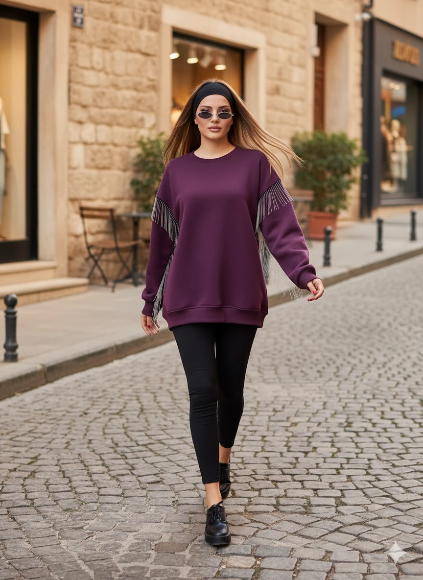 Püsküllü Uzun Kollu Sweat - Mürdüm