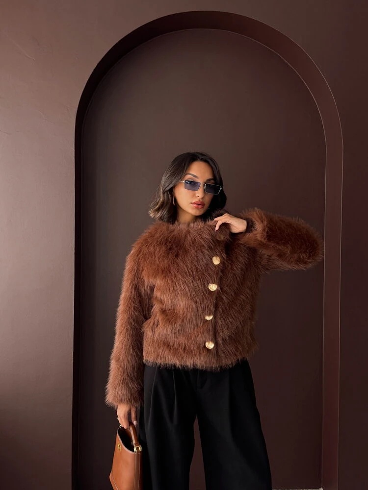 Kadın Vintage Peluş Tüylü Crop Ceket Altın Düğmeli Bisiklet Yaka Kışlık Şık Ceket - Açık Kahve
