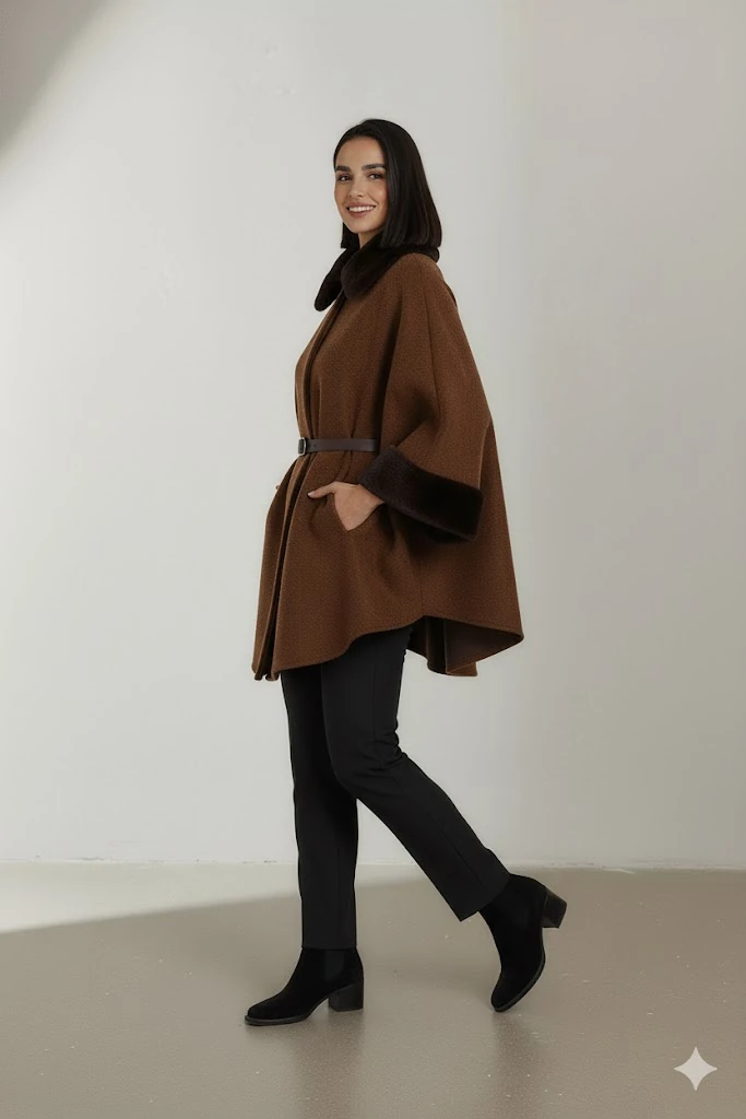 Kadın Kürk Yaka Manşet Detaylı Panço Kaban Kemerli Pelerin Ceket Kaşe - Kahverengi