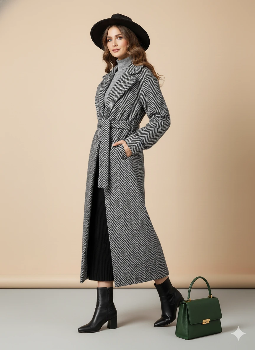 Balıksırtı/Chevron Desenli Yün Palto Kuşak Bağlama Detaylı Uzun Kaban Gri Kışlık