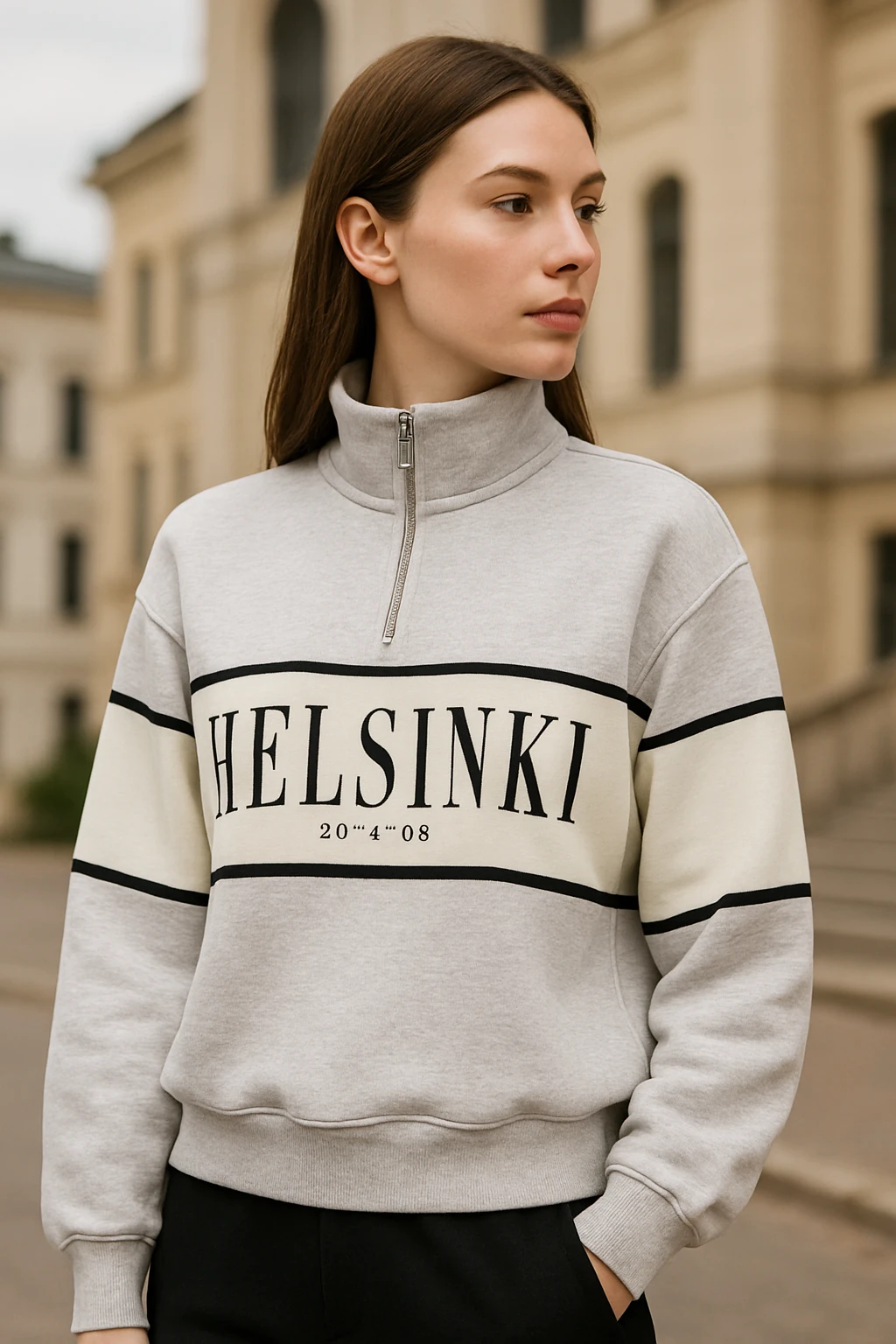 ÖNÜ FERMUARLI HELSİNKİ BASKILI KISA SWEAT