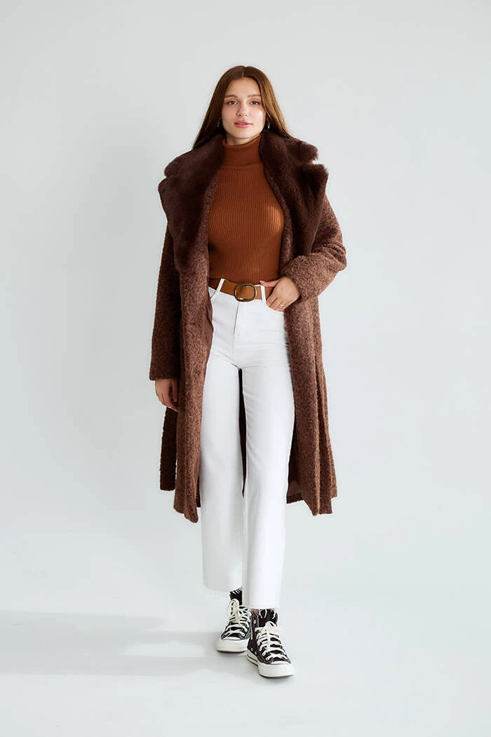Kadın Kahverengi Bukle Kumaş Uzun Kaban Büyük Yakalı Kışlık Palto Teddy Kaban