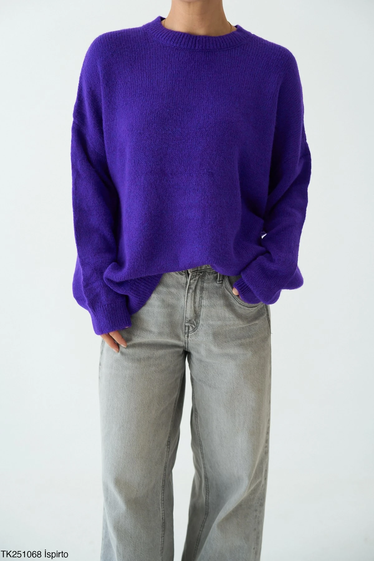 Bisiklet Yaka Oversize Triko Kazak - Mor