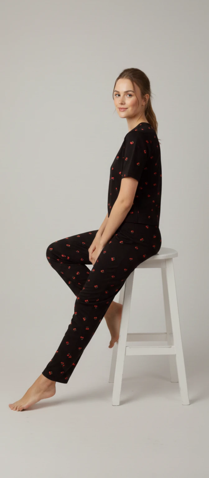 Kiraz Baskılı Çizgili Kısa Kollu Pijama Takımı