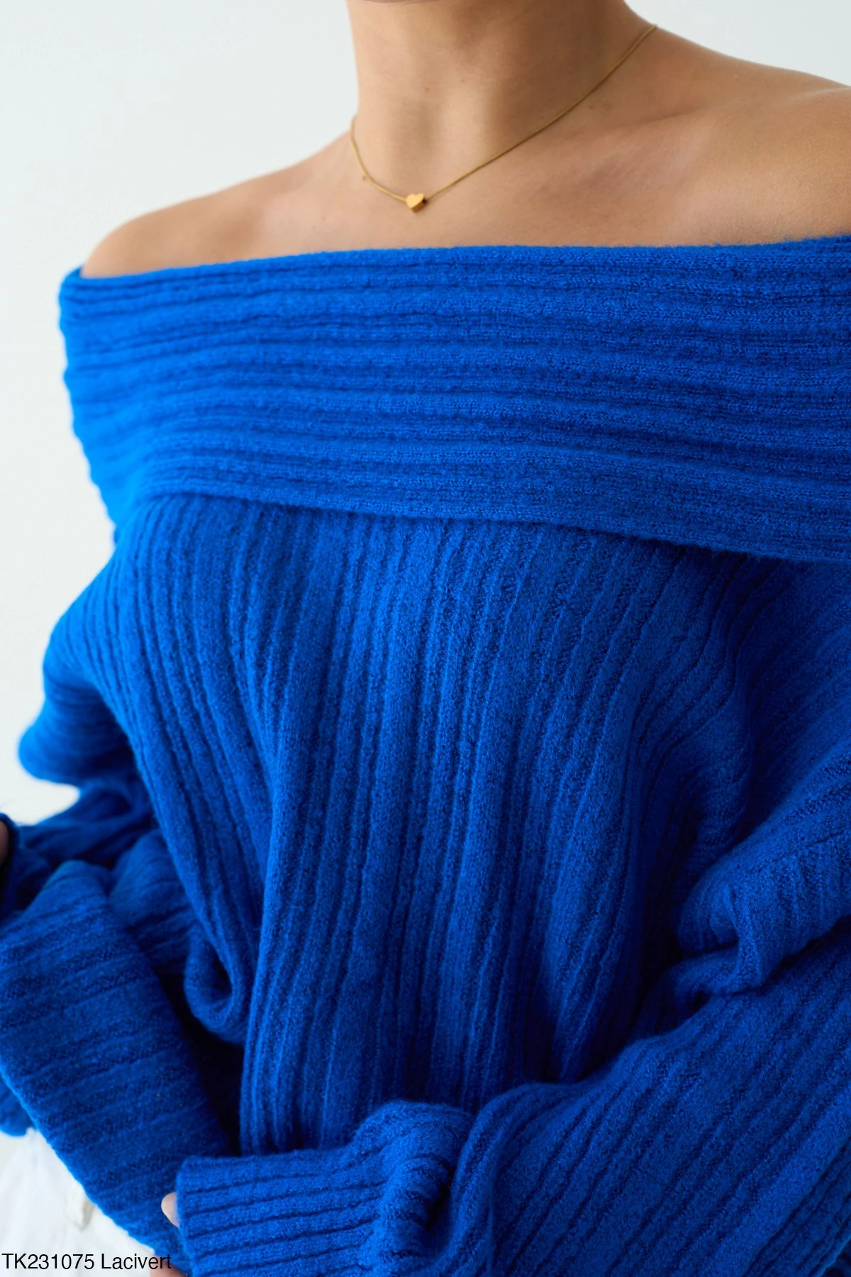 Kadın Omuz Açık Kaburga Örgü Geniş Yaka Büyük Boy Kazak - Lacivert