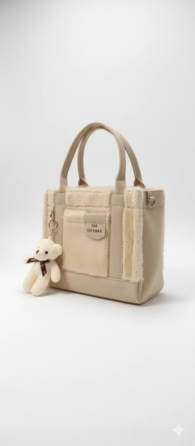 Kürk ve Teddy Ayıcıklı Tüylü Mini Tote Çanta - Bej