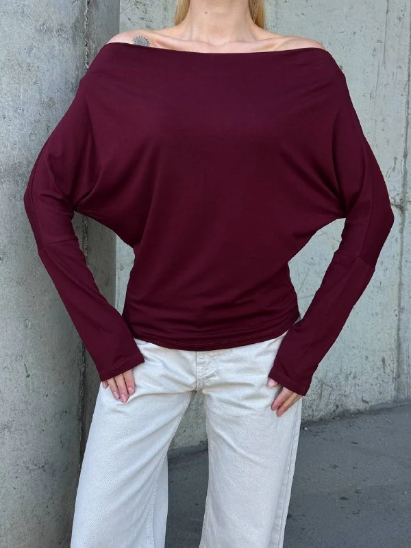 Yarasa Kol Geniş Yaka Siyah Bluz Bol Kesim Likralı Kumaş Düşük Omuz Üst - Bordo