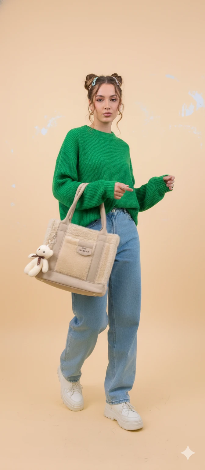 Kürk ve Teddy Ayıcıklı Tüylü Mini Tote Çanta - Bej