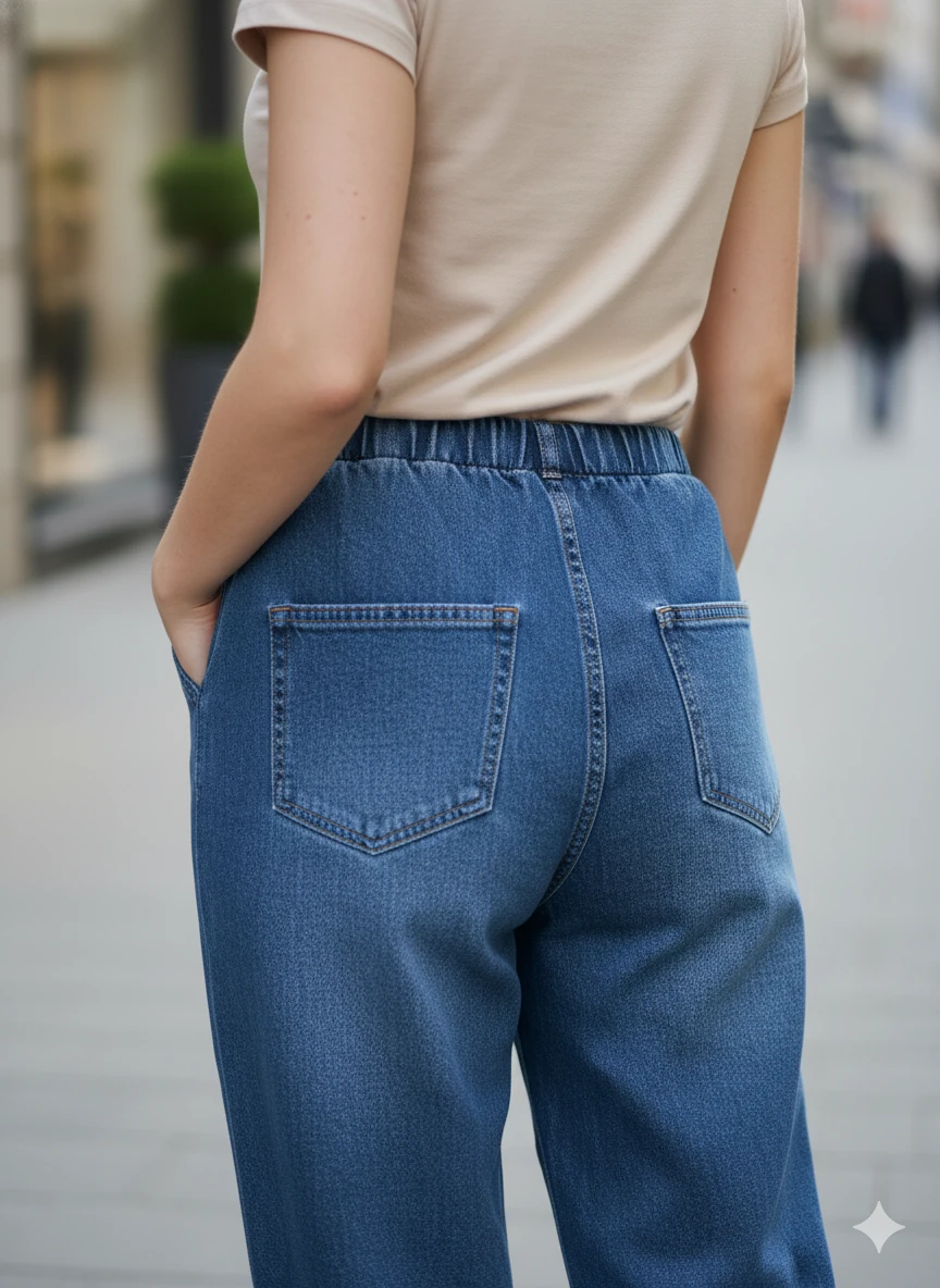 Kadın Beli Lastikli Kot Pantolon Bağcıklı Jogger Model Rahat Kesim Mavi Denim Jean