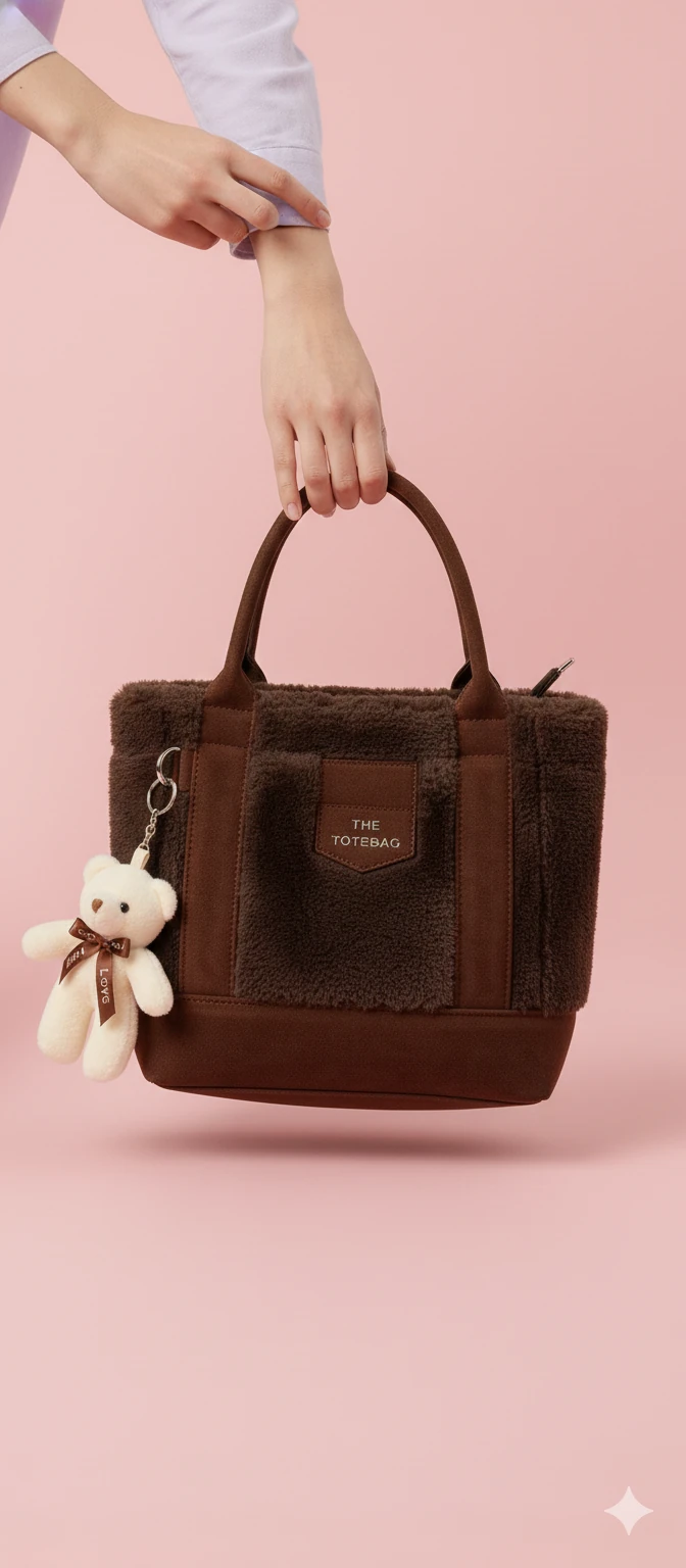 Kürk ve Teddy Ayıcıklı Tüylü Mini Tote Çanta - Koyu Kahve