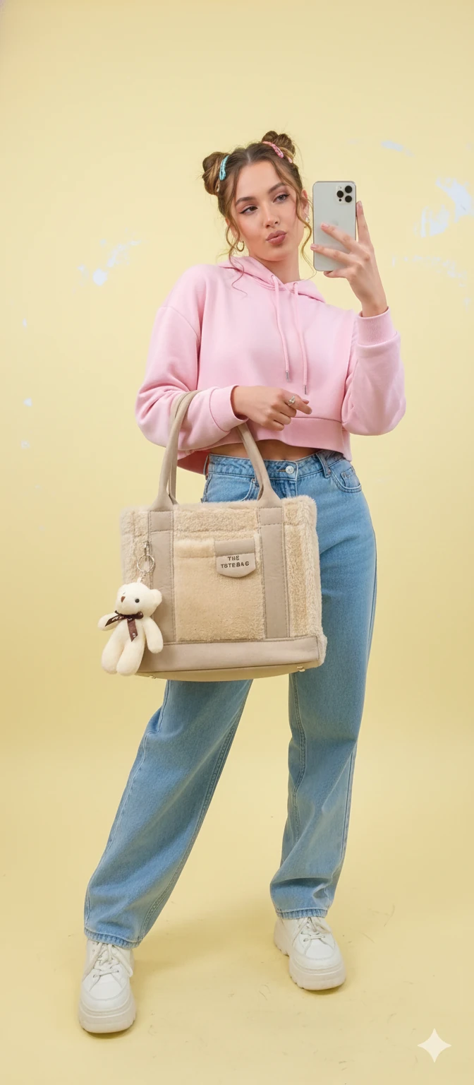 Kürk ve Teddy Ayıcıklı Tüylü Mini Tote Çanta - Bej