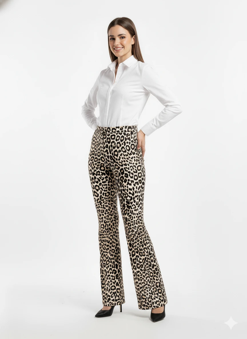 Leopar Desenli Yüksek Bel Geniş Paça Pantolon