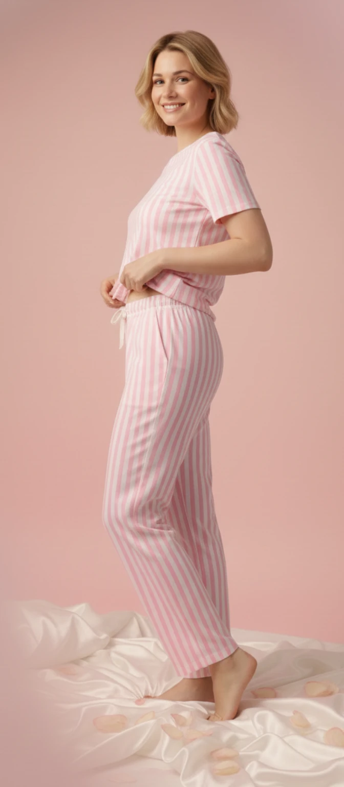 Pembe Beyaz Çizgili Kısa Kollu Pijama