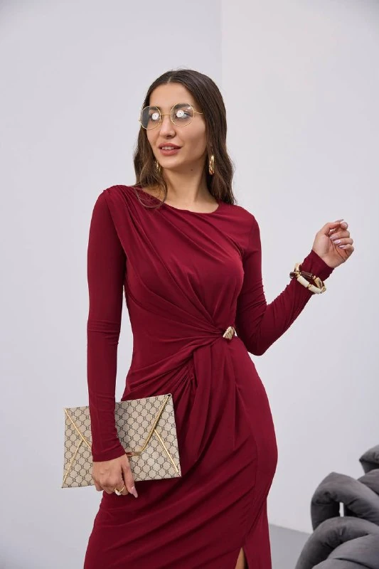 BELİ BÜZGÜLÜ TOKALI ELBİSE - Bordo