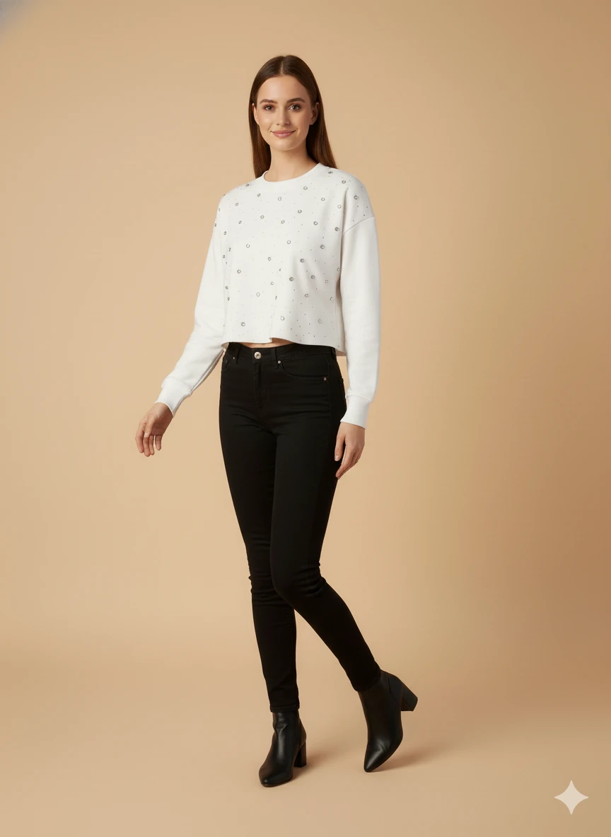 Kadın Uzun Kollu Kısa Kazak Taşlı Detaylı Crop Üst Giyim