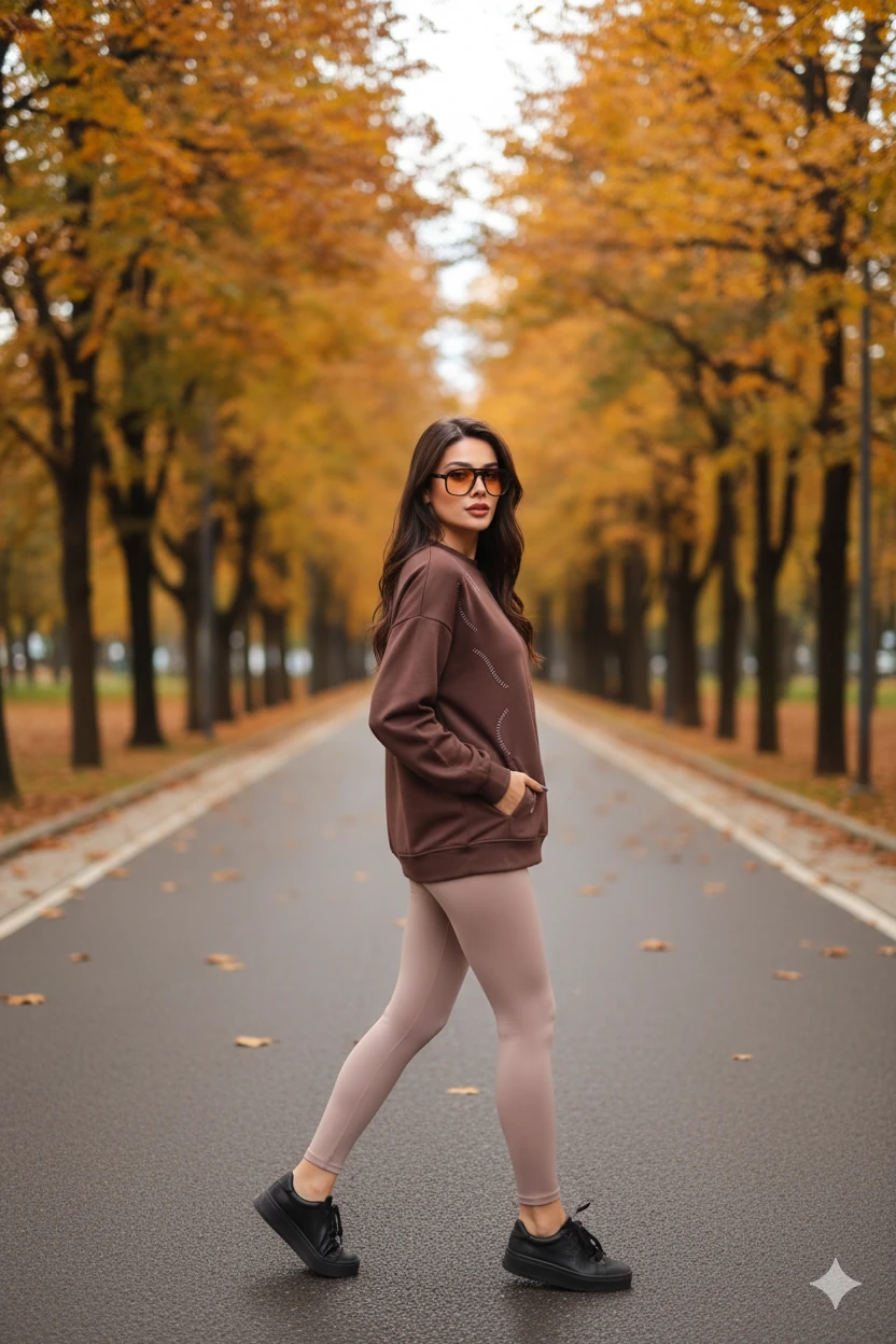 Cemo Günlük Uzun Kollu Bisiklet Yaka Basic Bluz/Sweatshirt - Kahverengi