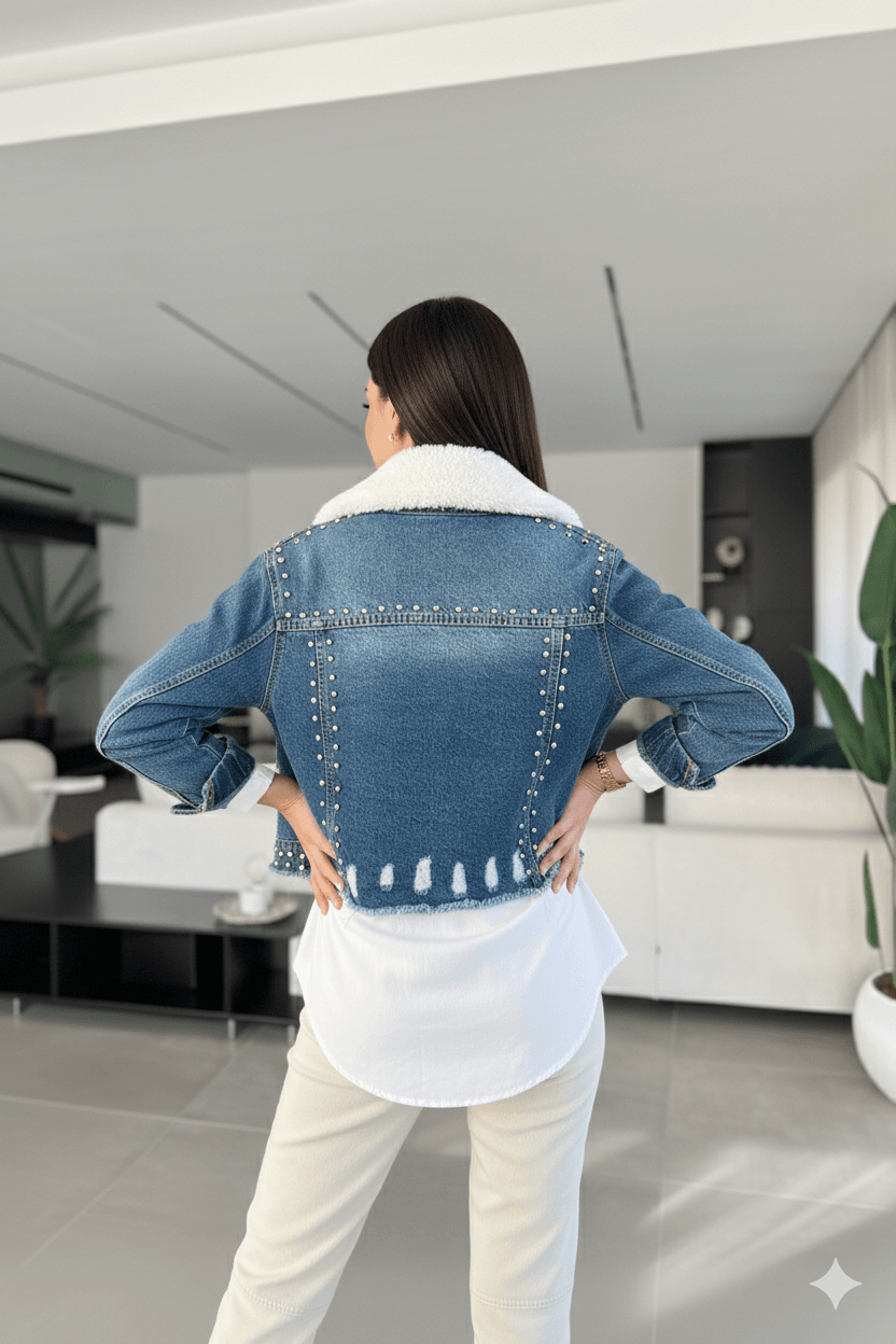 Kadın İçi Kürklü Jean Ceket Mavi