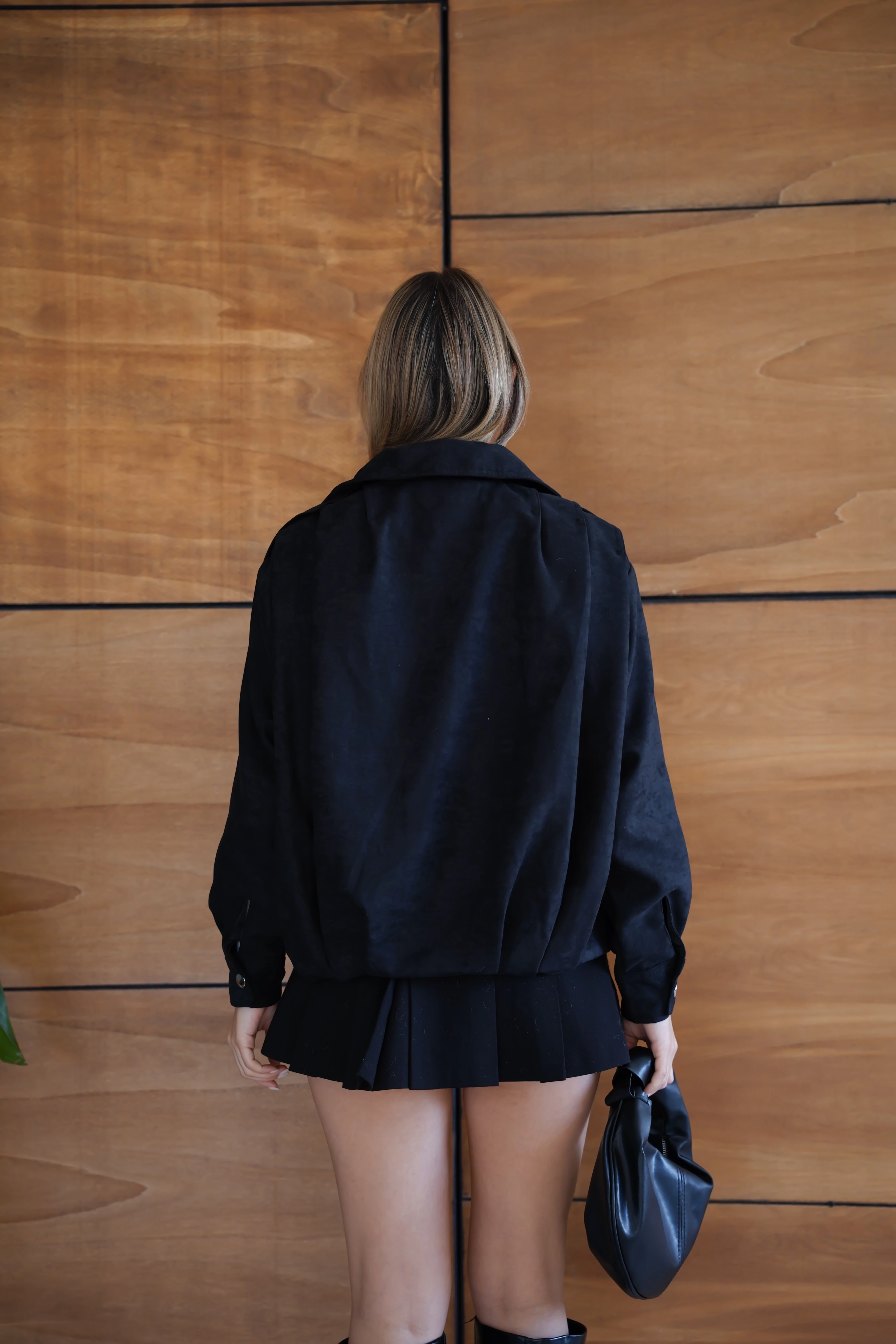 Kadın Bordo Fermuar Detaylı Kısa Ceket Bomber Gömlek Yaka Baharlık Ceket - Siyah