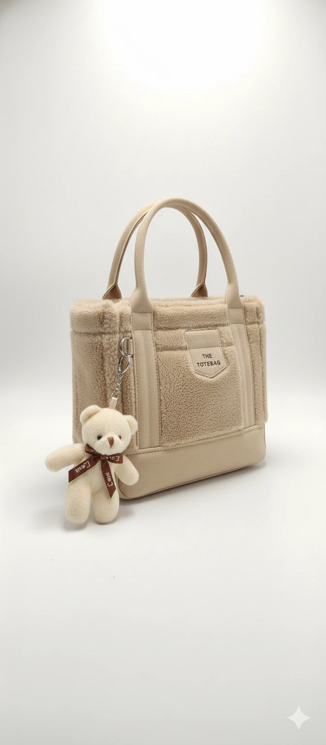 Kürk ve Teddy Ayıcıklı Tüylü Mini Tote Çanta - Bej