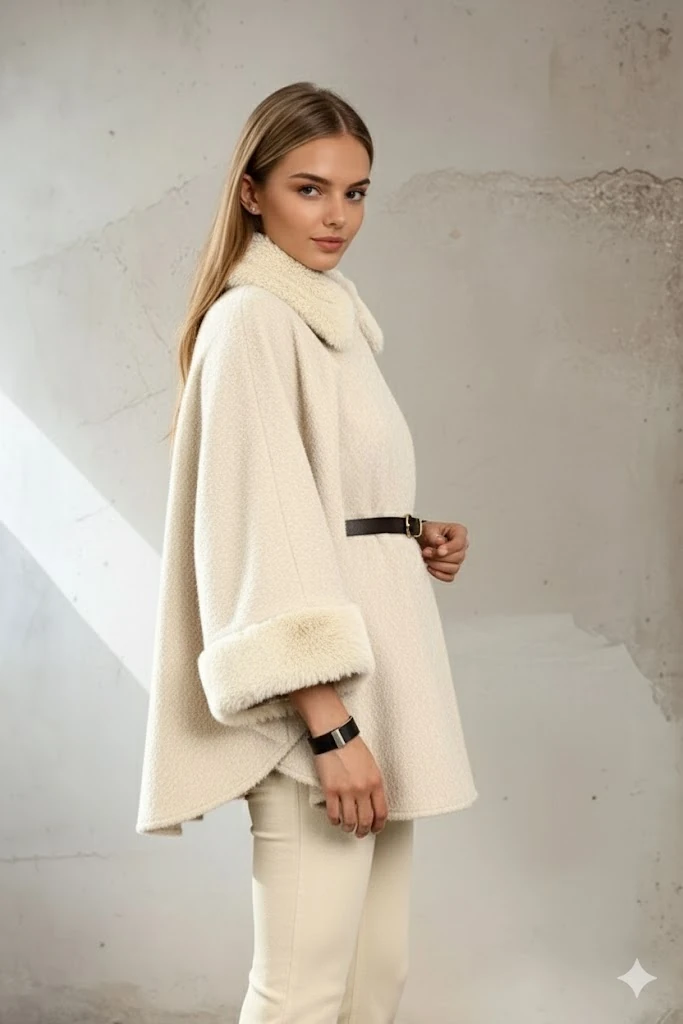 Kadın Kürk Yaka Manşet Detaylı Panço Kaban Kemerli Pelerin Ceket Kaşe - Bej