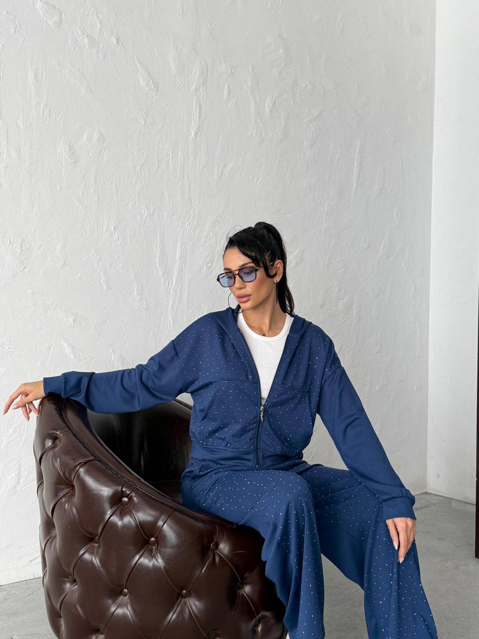 Taş İşlemeli Kapüşonlu Fermuarlı Boru Paça Kadın Eşofman Takımı - İndigo