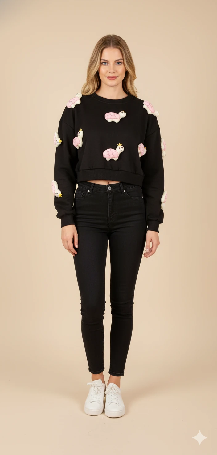 Kadın 3D Figürlü Crop Sweat Kabartmalı Karakter Desenli Bisiklet Yaka Uzun Kollu Kısa Sweat - Ekru