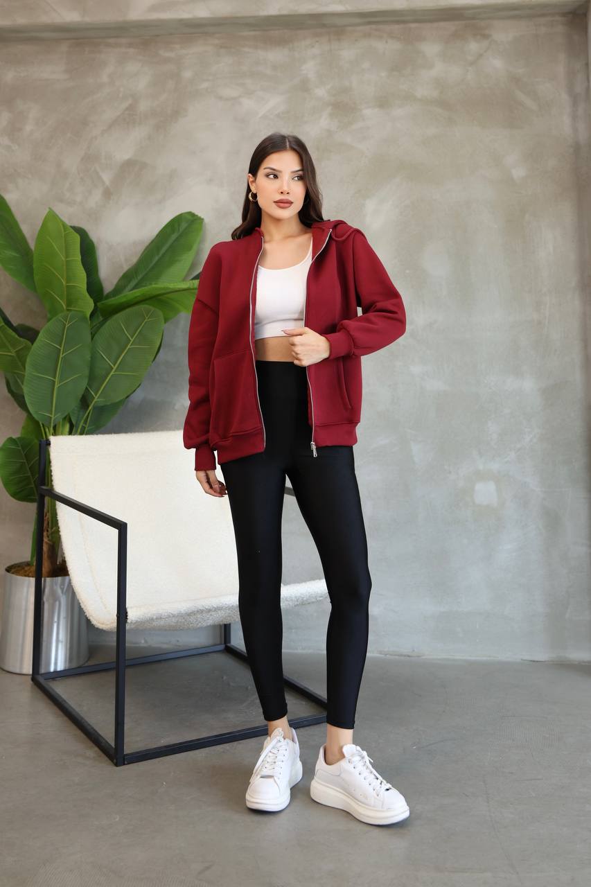 Kadın Genç Unisex Cepli Kapüşonlu Fermuarlı Sweatshirt Hırka - Bordo