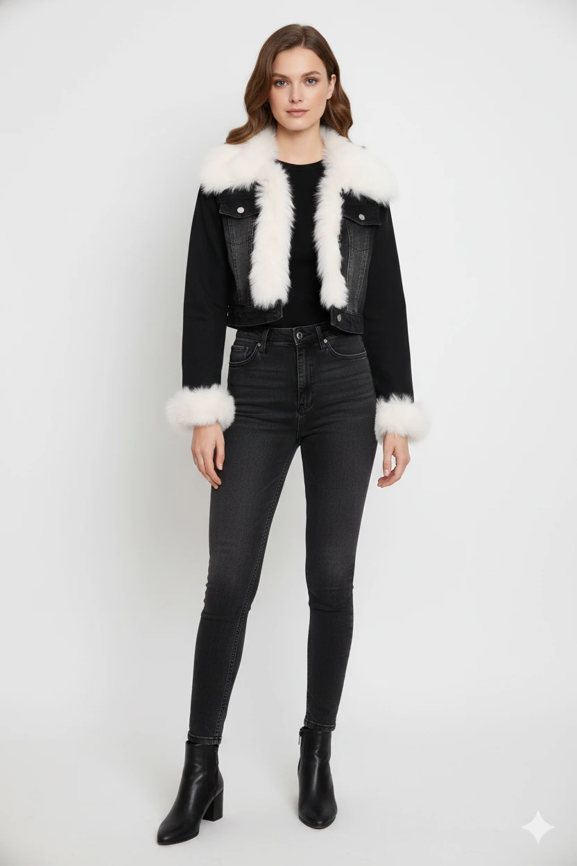 Siyah Kot Suni Kürk Yaka Manşetli Mont