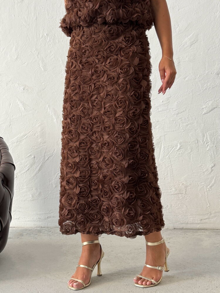 Gül Desenli Tül  Etek - Kahverengi