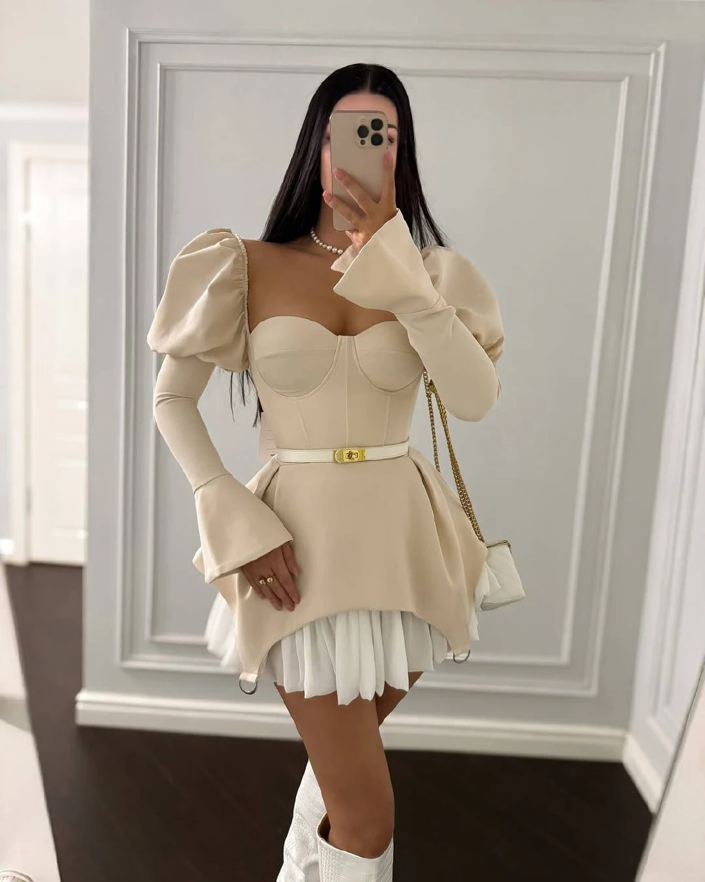 Dalgıç ve Jessica Kumaş Fermuarlı Gloplu kemerli Elbise