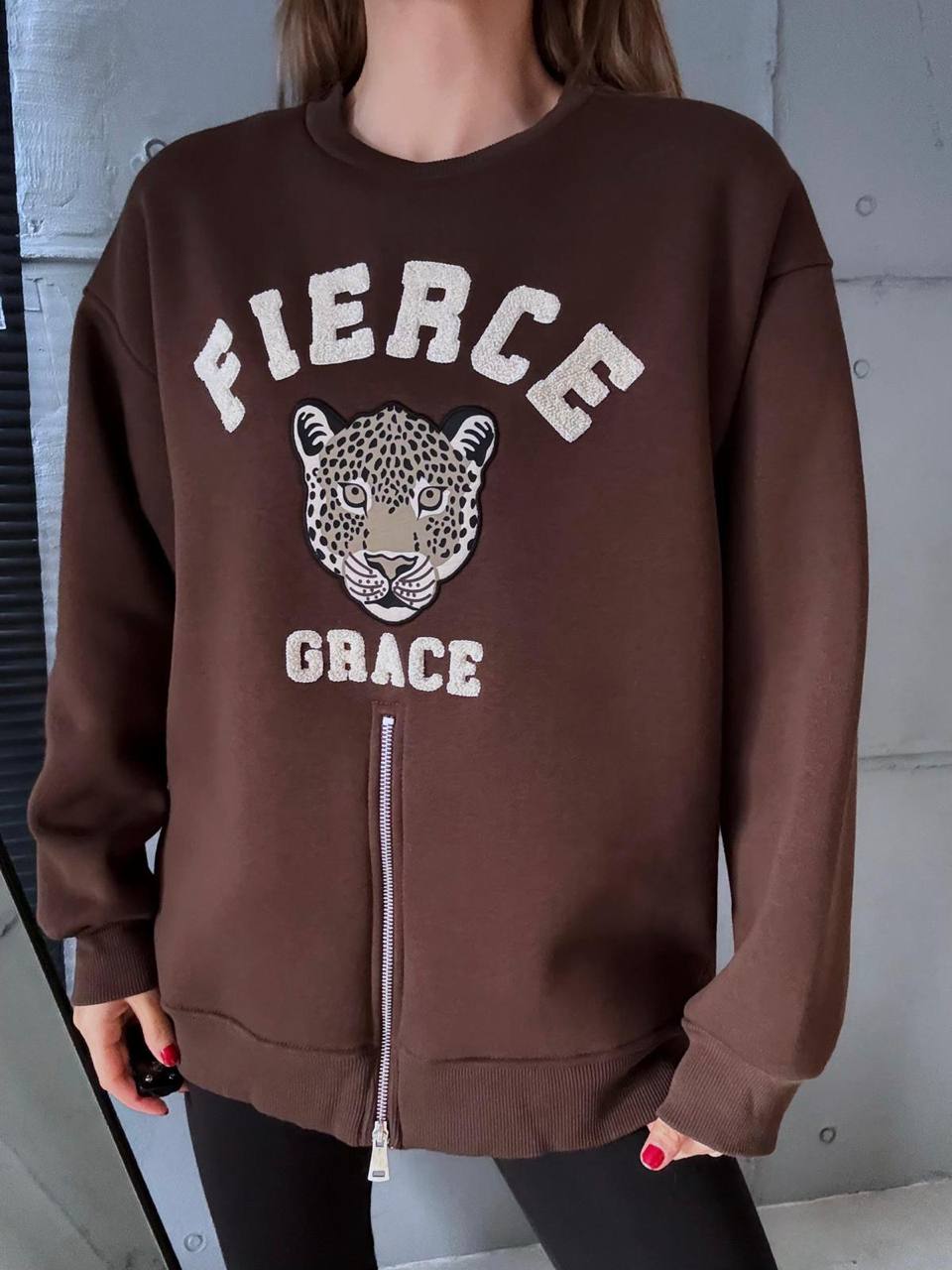 Fermuarlı Leopar Baskılı Oversize Siyah Sweat - Kahverengi