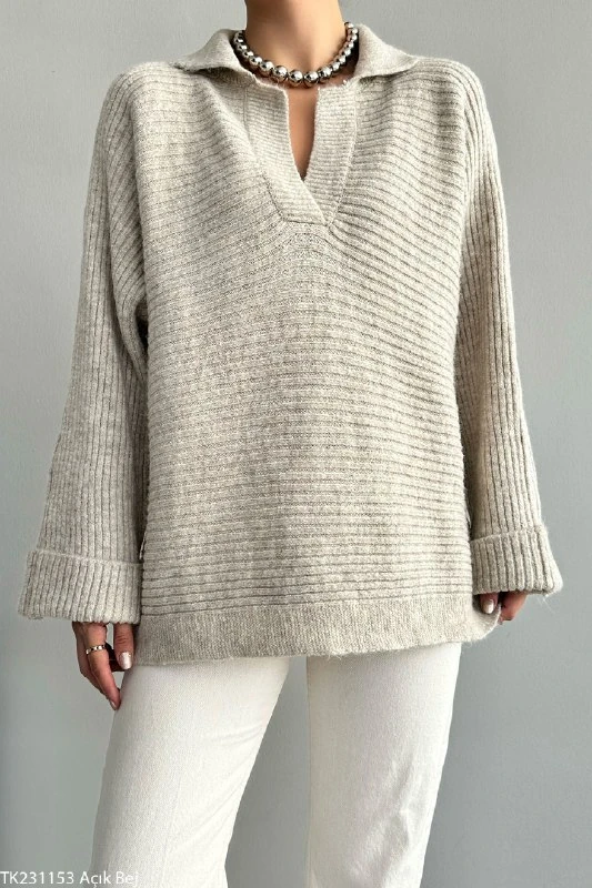 Kadın Kaburga Örgü Uzun Kollu Polo Yaka Kazak Tuniği - Ekru