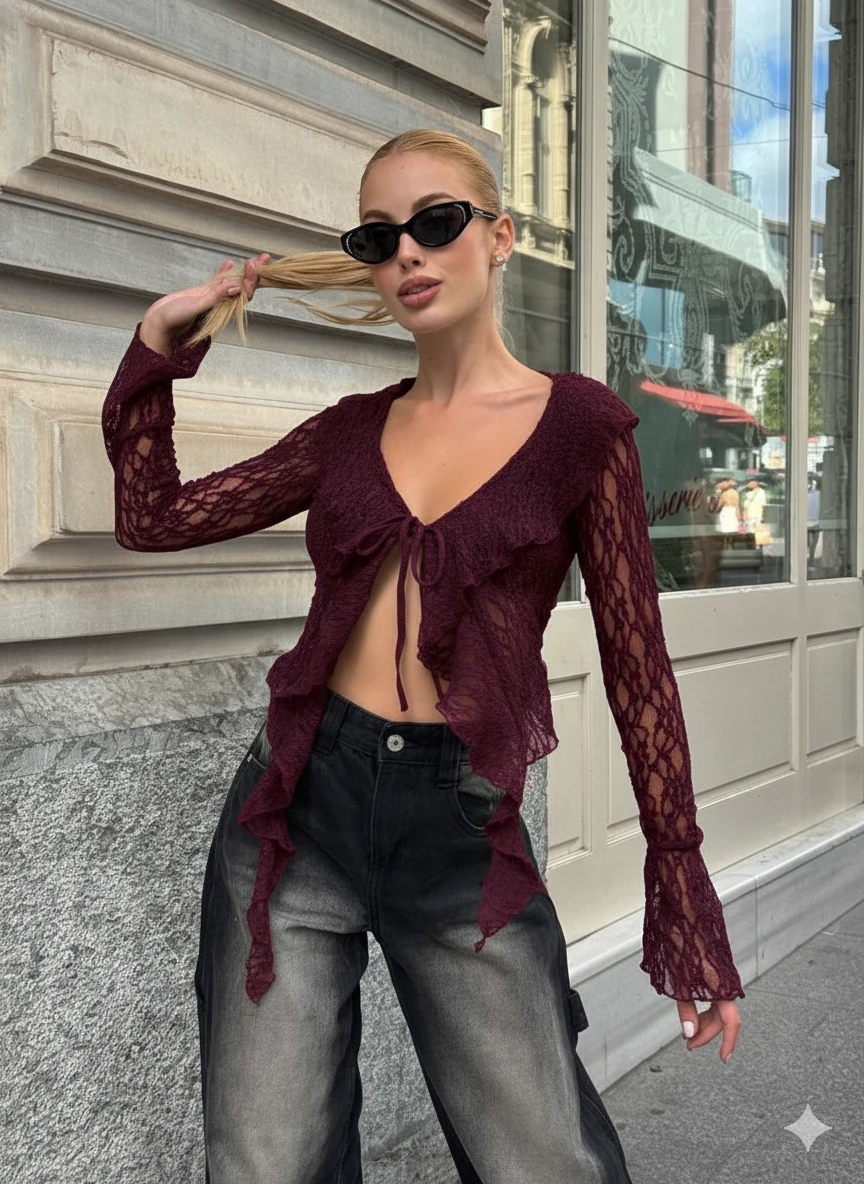 Siyah Dantel Bağlama Detaylı Bluz - Bordo