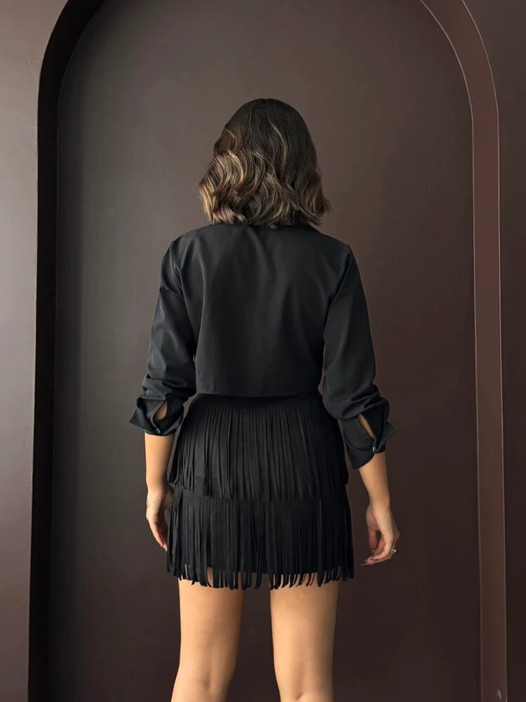 Kadın Siyah Püsküllü Mini Etek Katmanlı Saçaklı Süet/Scuba Kumaş Abiye Party Eteği