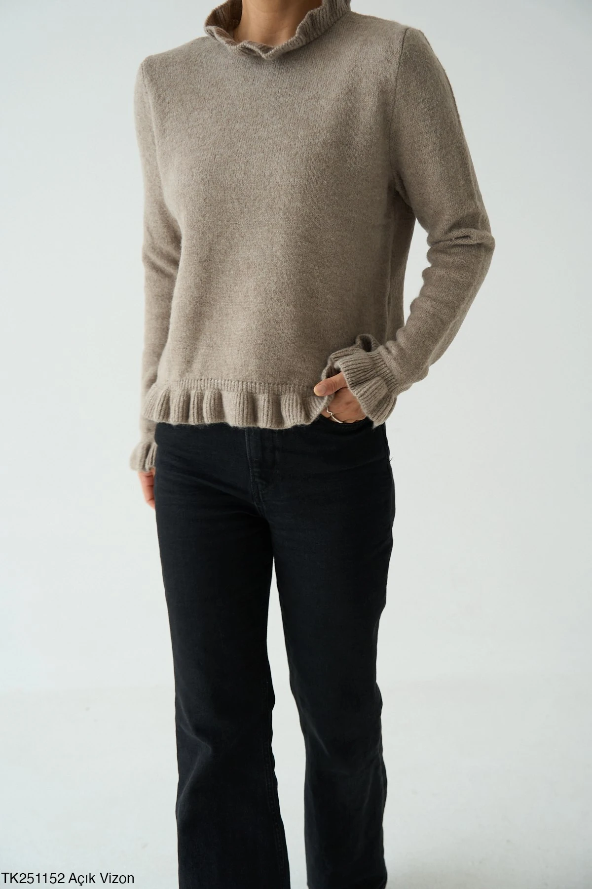 Fırfır Detaylı Viskon Triko Kazak - Vizon