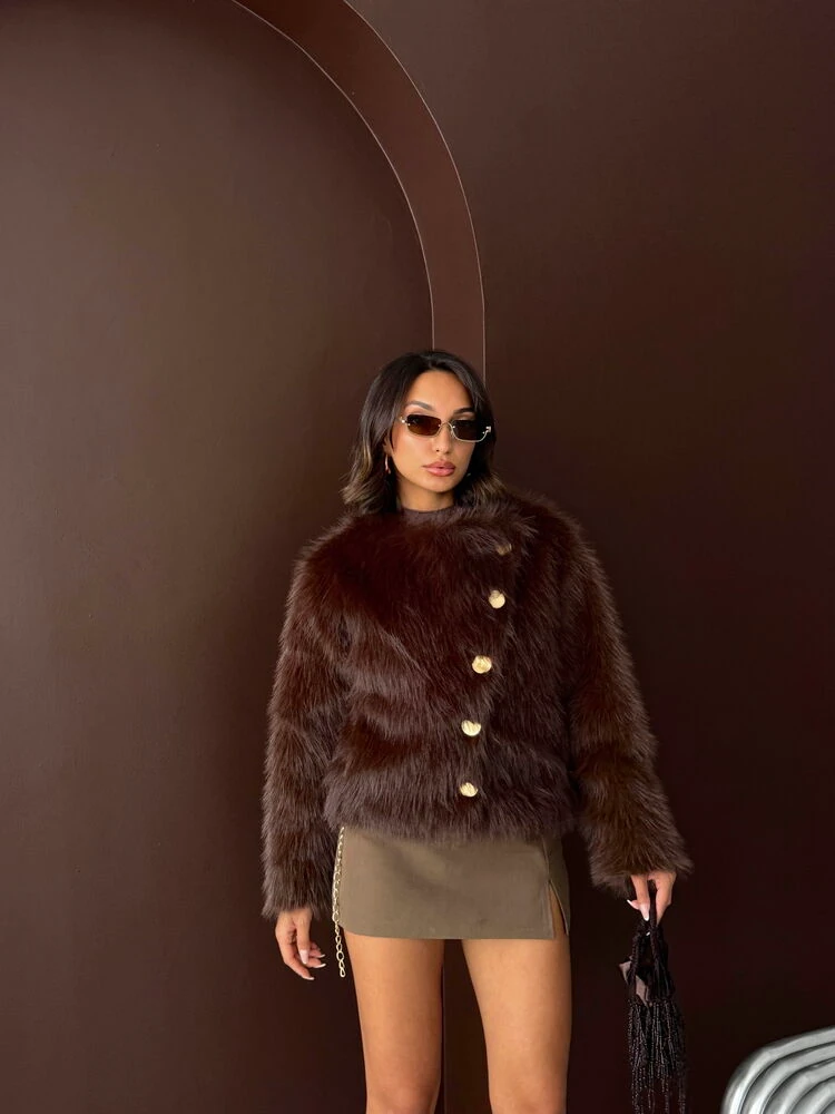 Kadın Vintage Peluş Tüylü Crop Ceket Altın Düğmeli Bisiklet Yaka Kışlık Şık Ceket - Koyu Kahve