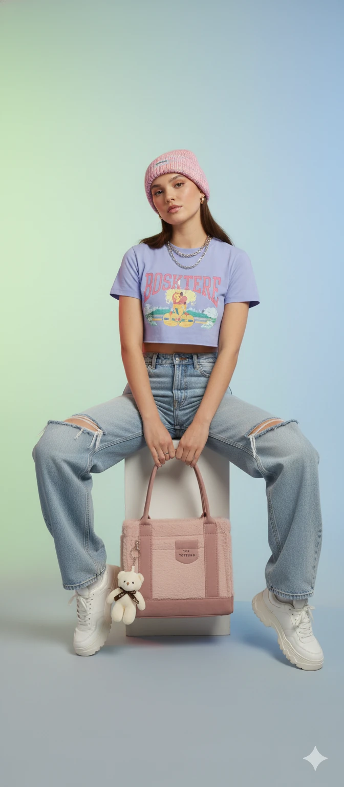 Kürk ve Teddy Ayıcıklı Tüylü Mini Tote Çanta - Pembe