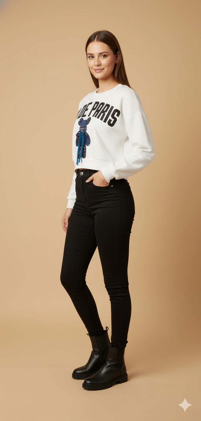 Kadın Ayı Figürlü Crop Sweat Payetli Teddy Bear İpli Detaylı Yazılı Yuvarlak Yaka Kısa Swat