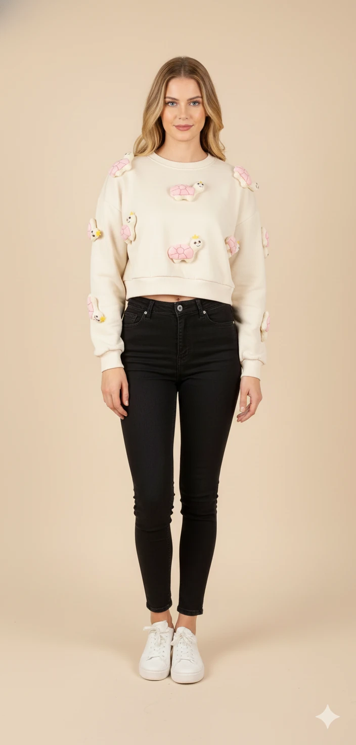 Kadın 3D Figürlü Crop Sweat Kabartmalı Karakter Desenli Bisiklet Yaka Uzun Kollu Kısa Sweat - Siyah