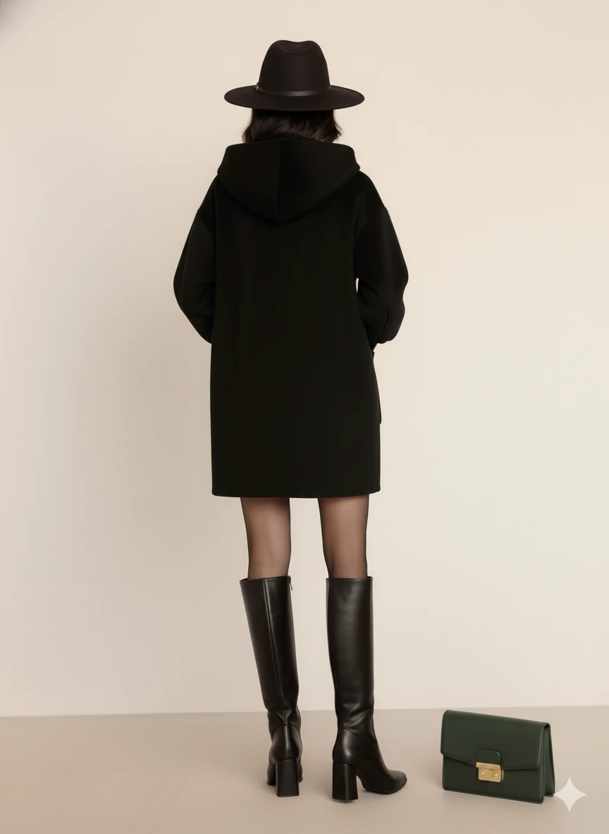 Kadın Oversize Bol Kesim Diz Üstü Siyah Kaban Büyük Cepli Yünlü Kumaş Kapüşon Detaylı - Siyah