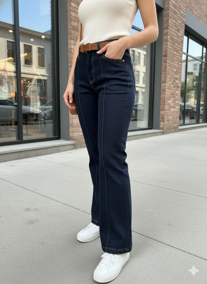 Kadın Siyah Jean İspanyol Paça Yüksek Bel Dikiş Detaylı Flare Kot Pantolon