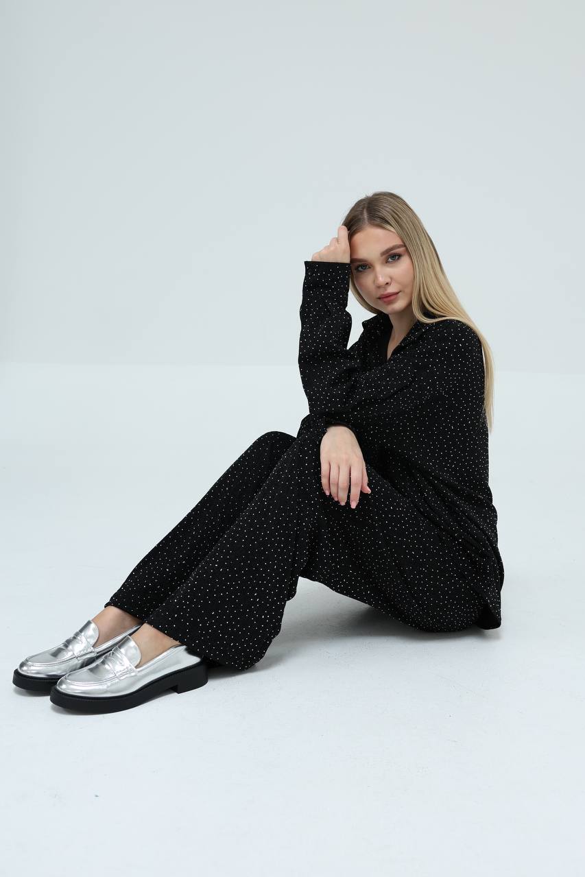 Taş Detaylı Geniş Paça Pantolon ve Düğmeli Gömlek İkili Takım