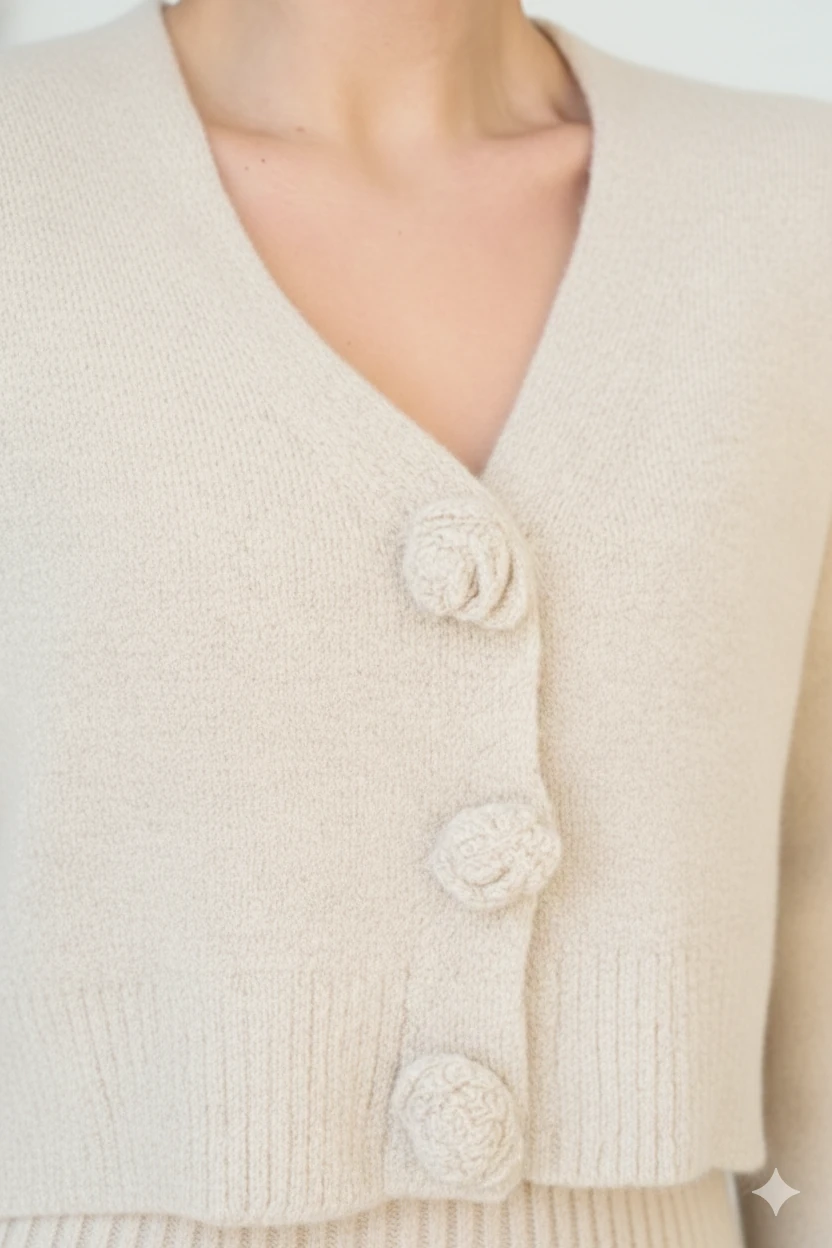 Kadıni Örgü Kısa Hırka Kazak - Krem