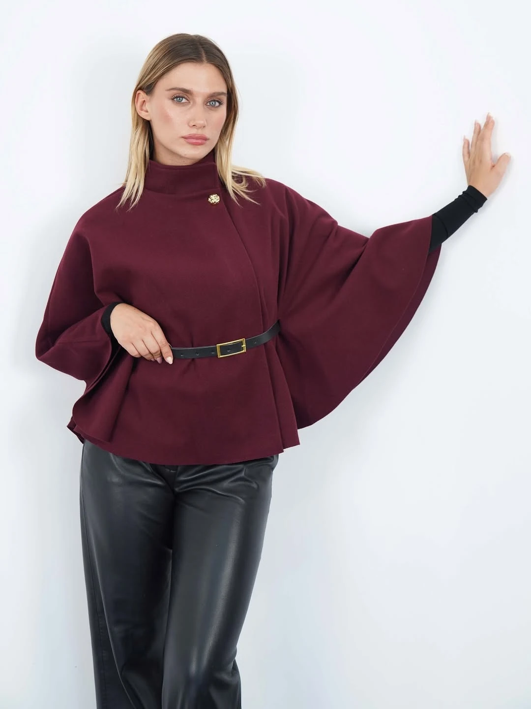 Pelerin Panço Kaban İnce Kaşe Kemer Hediyeli Gold Düğmeli - Bordo