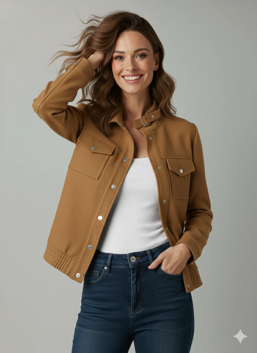 Kadın Taba Zarif Kısa Ceket Toka Detaylı Dik Yaka Cepli Süet/Kaşe Baharlık Ceket - Taba