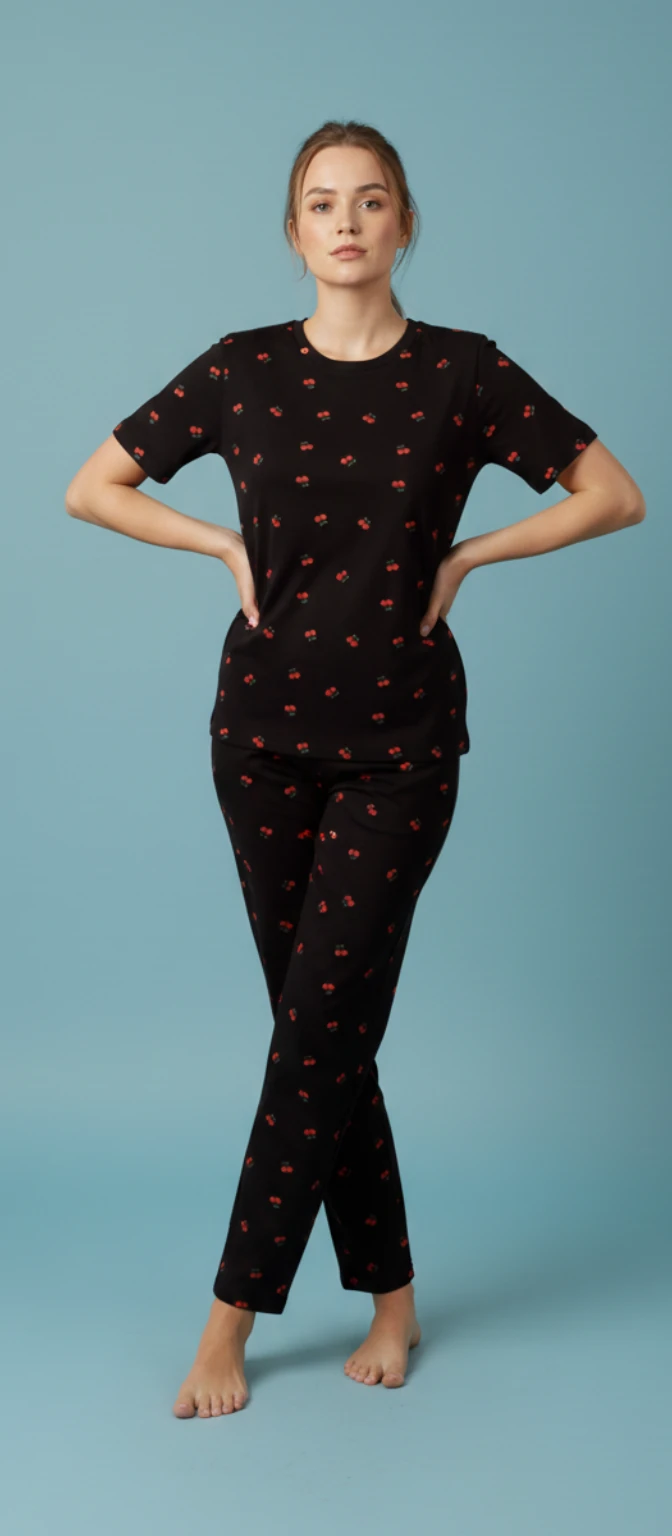 Kiraz Baskılı Çizgili Kısa Kollu Pijama Takımı