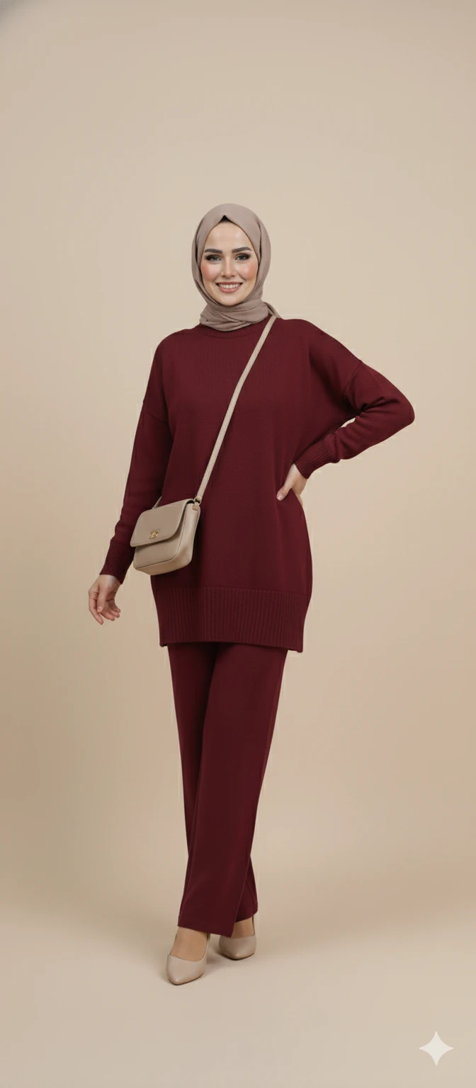 Triko Tunik Pantolon Tesettür Takım - Bordo