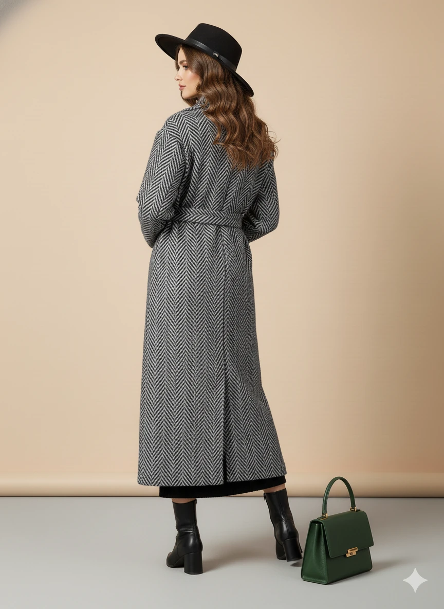 Balıksırtı/Chevron Desenli Yün Palto Kuşak Bağlama Detaylı Uzun Kaban Gri Kışlık