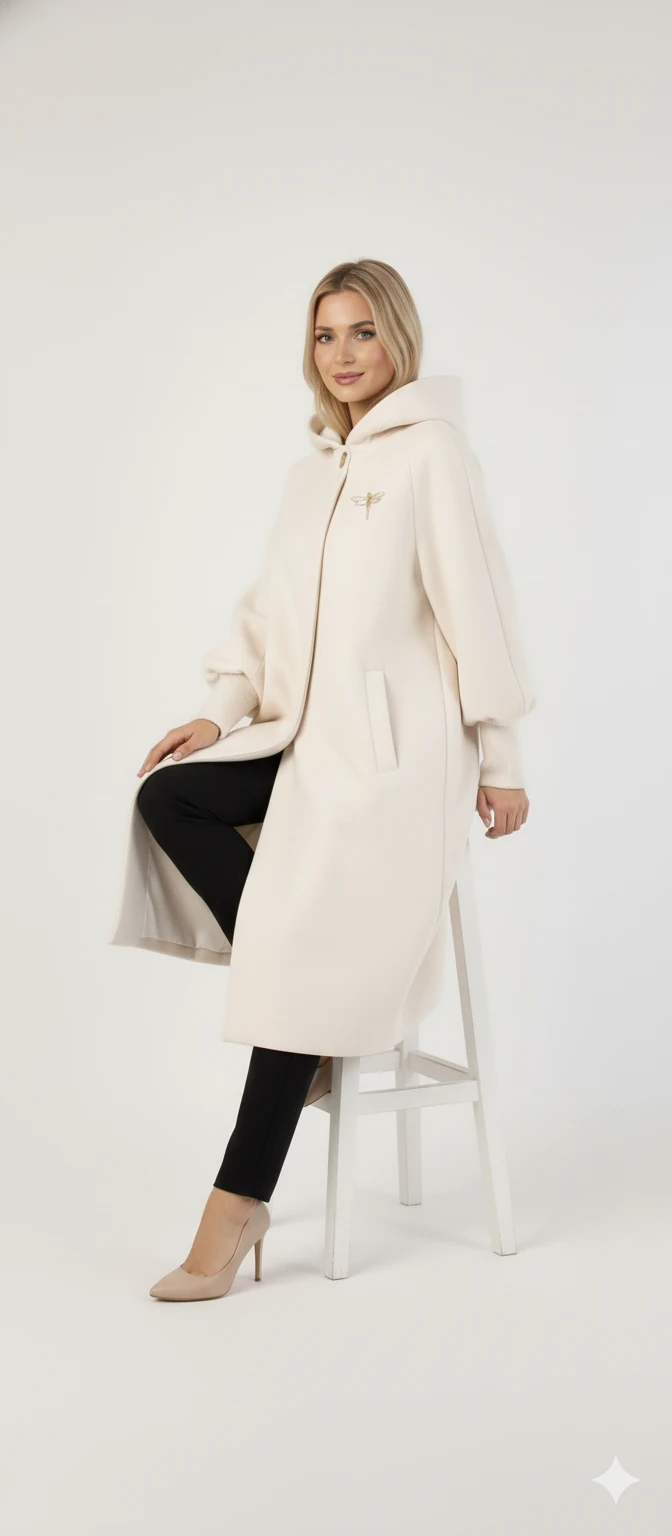 Kadın Gri Kapüşonlu Balon Kol Fermuarlı Kaban Oversize Midi Boy Kışlık Kaşe Mont - Bej